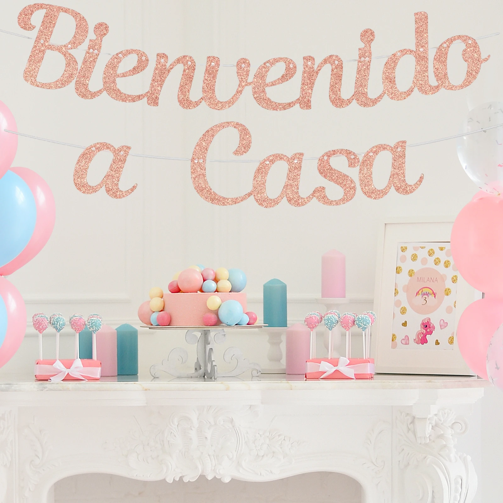 لافتة ترحيب منزلية إسبانية Bienvenido a Casa، ديكور حفلات ترحيب فييستا المكسيكية، لافتة ترحيب منزلية باللون الذهبي الوردي #2