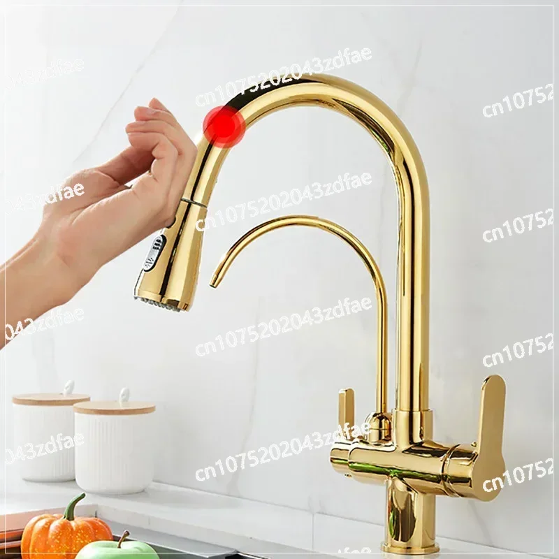 Gold Touch Filter Kitchen Faucet with 3 Ways of Hot and Cold Extraction. Solid Brass Gold Sensor Kitchen Faucet