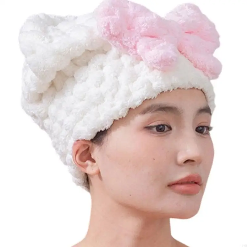 F19B Super Soft Fleece Bath Cap with Bowknot Absorbent Fast Drying Elastic Hair Towel Wrap Turban for Women Daily Use Travel