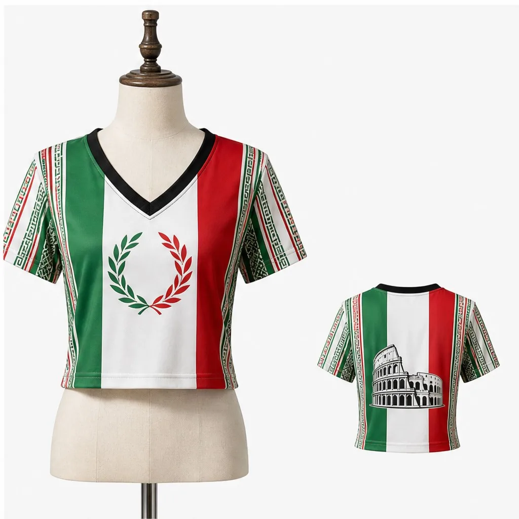 Women Italy V Neck Crop Top Laurel Wreath Colosseum Print Short Sleeve Summer Street Travel Casual Fashion Tee Modern Streetwear