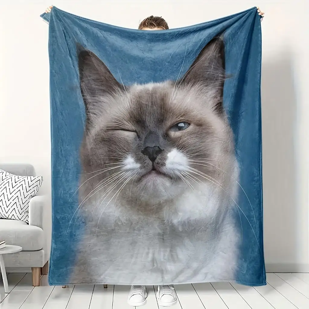 1pc for cat-Themed Blanket with Cute Kitten Face & Blue Background | Soft Breathable Quilted Bedspread, All-Season Cozy Cooling
