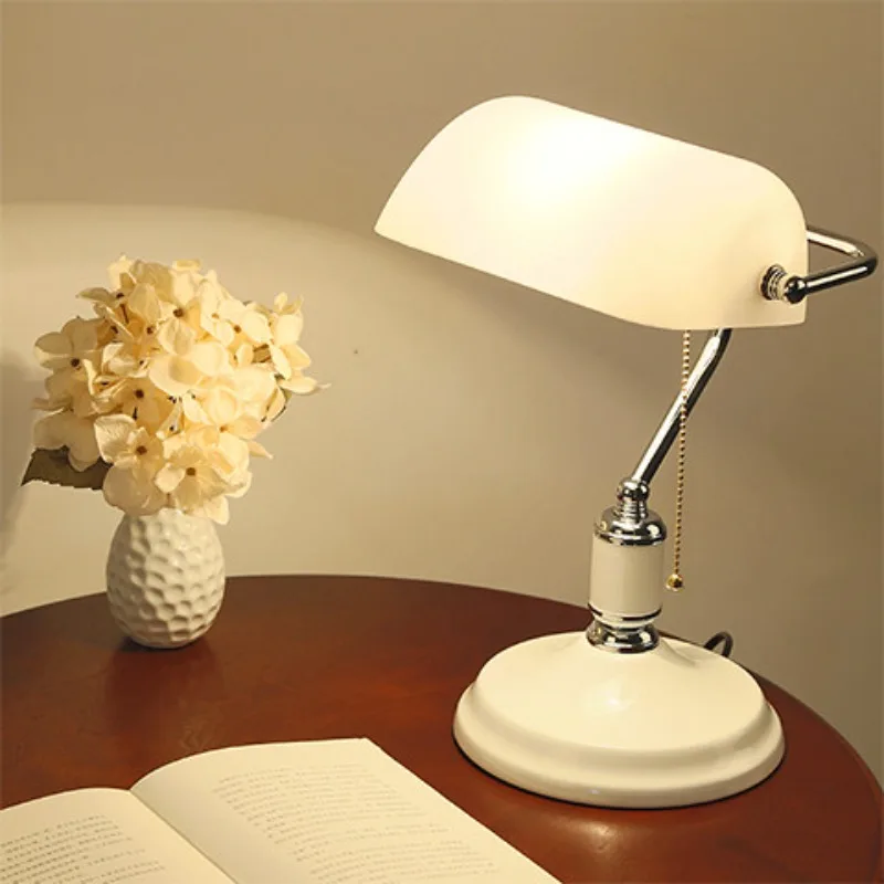 

European Style White Glass Table Lamp Office Bank Study Living Room Bedroom Bedside Classical Simple Retro Decorative Desk Light