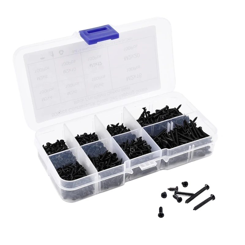 Aço carbono Auto-Tapping Parafusos Set, Cross-Border, E-commerce Parafuso, Boxed Cross, cabeça chata, M2, 800Pcs