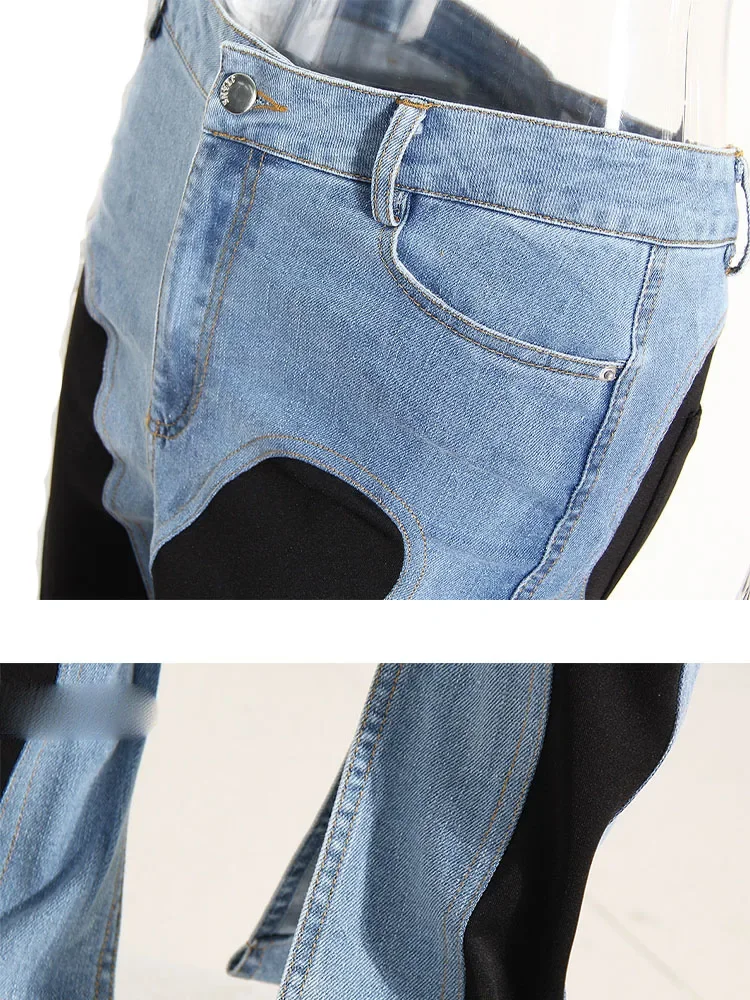 Jeans da donna a blocchi di colore firmati Slim Decostruisci con pannelli patchwork a vita alta Pantaloni lunghi in denim blu divisi Autunno