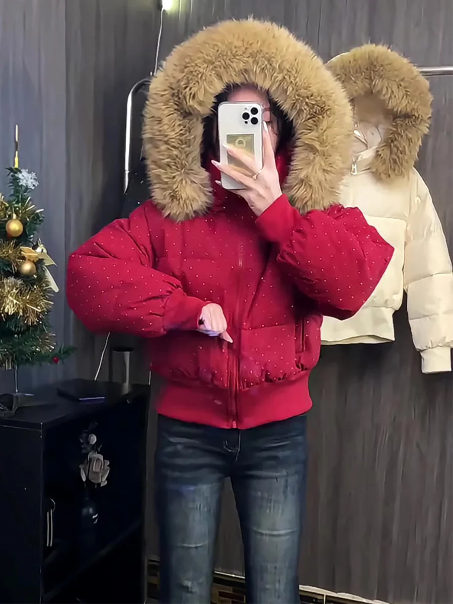 

New National Stand Thiened White Du down Jaet Women's ort Sle Winter Coat with Hood Large Fur Collar Warm Outerwear