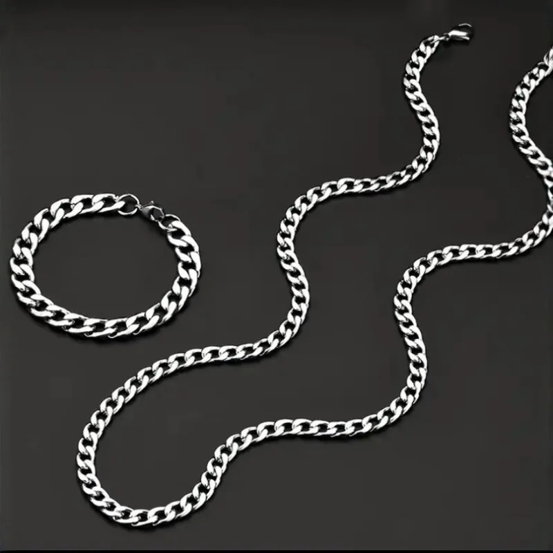 Versatile Basic Cuban Chain, Thick Hip Hop Style, Perfect for Dancing, Simple Couple Accessories Necklace and Bracelet Two-Piece