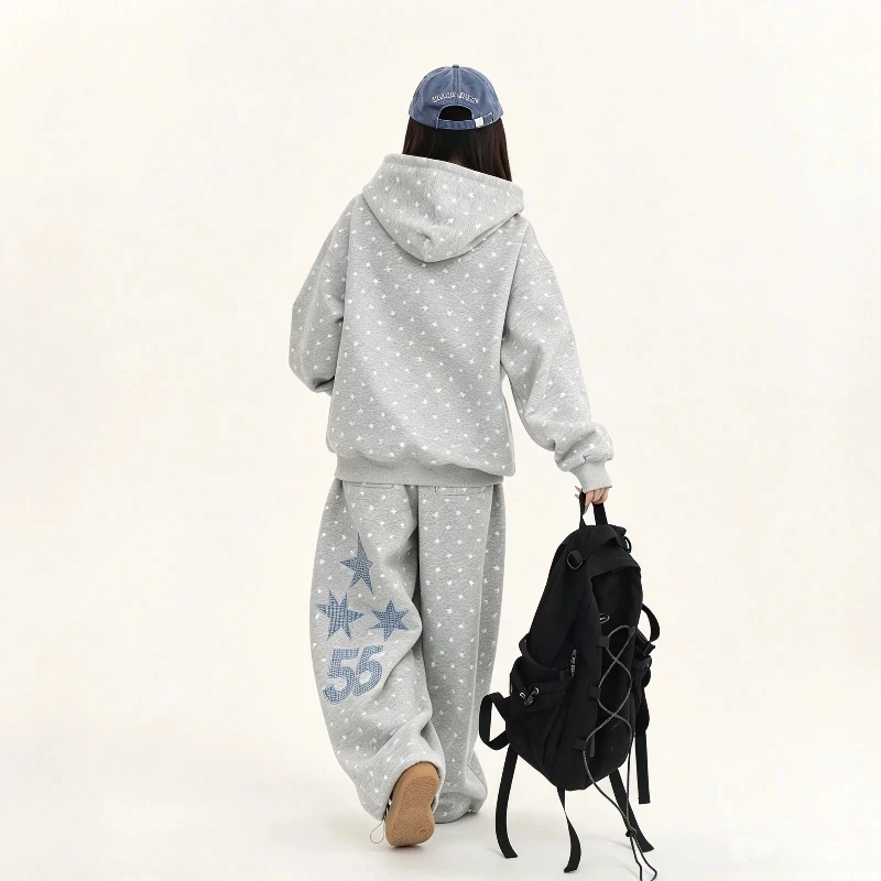 American Vintage Y2k Tracksuits Women Loose Full-zip Hooded Jackets with High Waist Wide-leg Sweat Pants Casual Fitness 2pcs Set