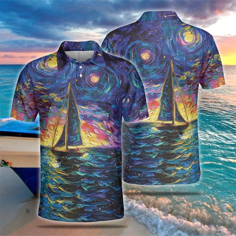 3D Printed Vintage Sailboat Polo Shirt For Men Sailor Sailing Uniform Ship T-Shirts Summer Loose Short Sleeve Tees Lapel Top