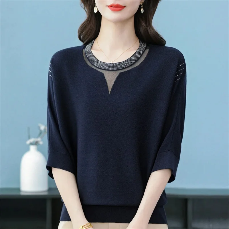 Ladies High-end Seven Divide Sleeve Knitted T-shirt Korean Women Fashion Round Neck Tops Summer Feminine Solid Color Knit Shirts