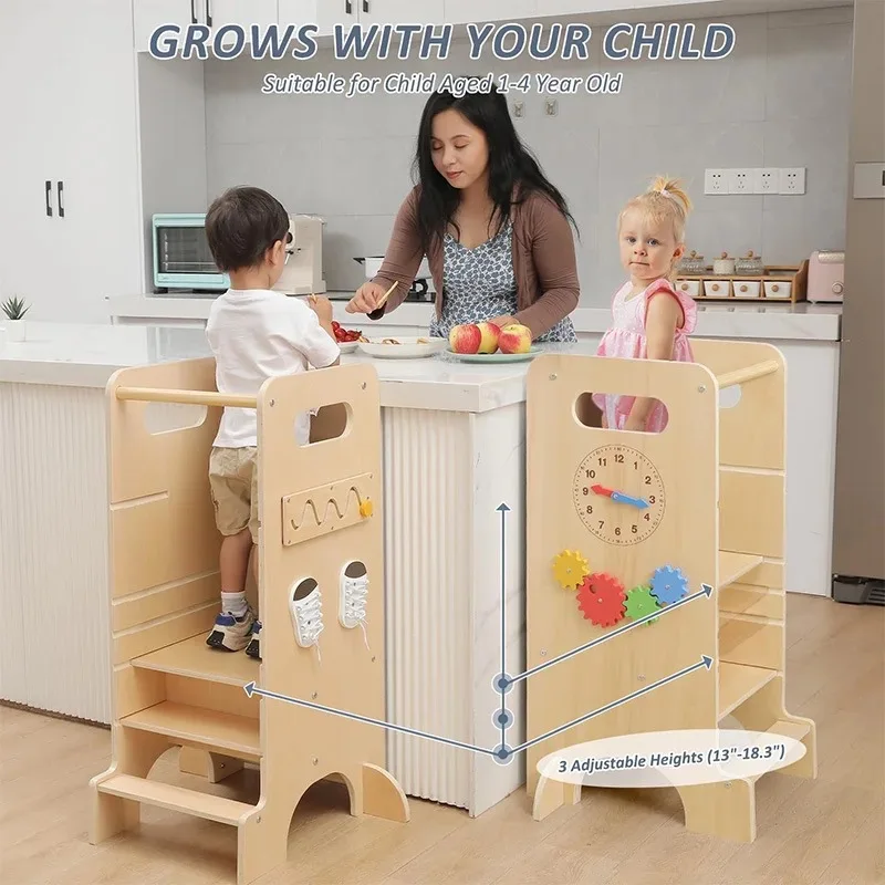 4-in-1 Children's Wooden Learning Tower, Children's Kitchen Stool, Baby Feeding Step Stool, Solid Wood Raised Stool