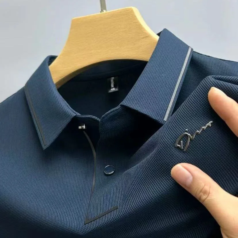 Light luxury high-end ice silk seamless short sleeved T-shirt for men\'s 2024summer fashion lapel casual embroidered polo shirt
