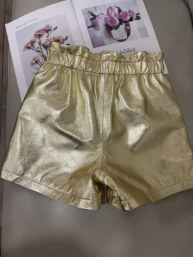 Leather Shorts Women Genuine 2024 New Y2K Fashion Summmer Short Pants High Waist Luxury Shinny Golden Shorts