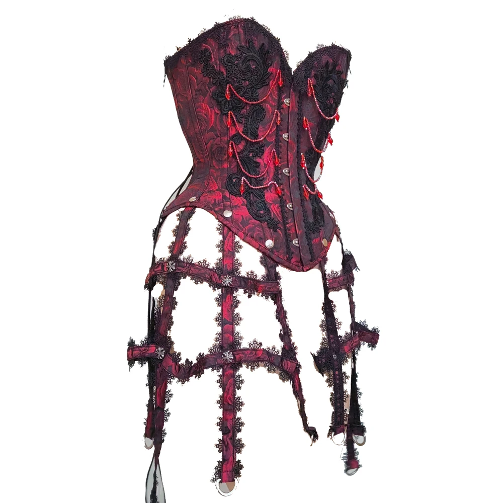 Steel Boned Red Overbust Corset for Women, Teardrop Drop Bead Embellished Bustier, Sexy Lace Up Waist Trainer Cincher Top
