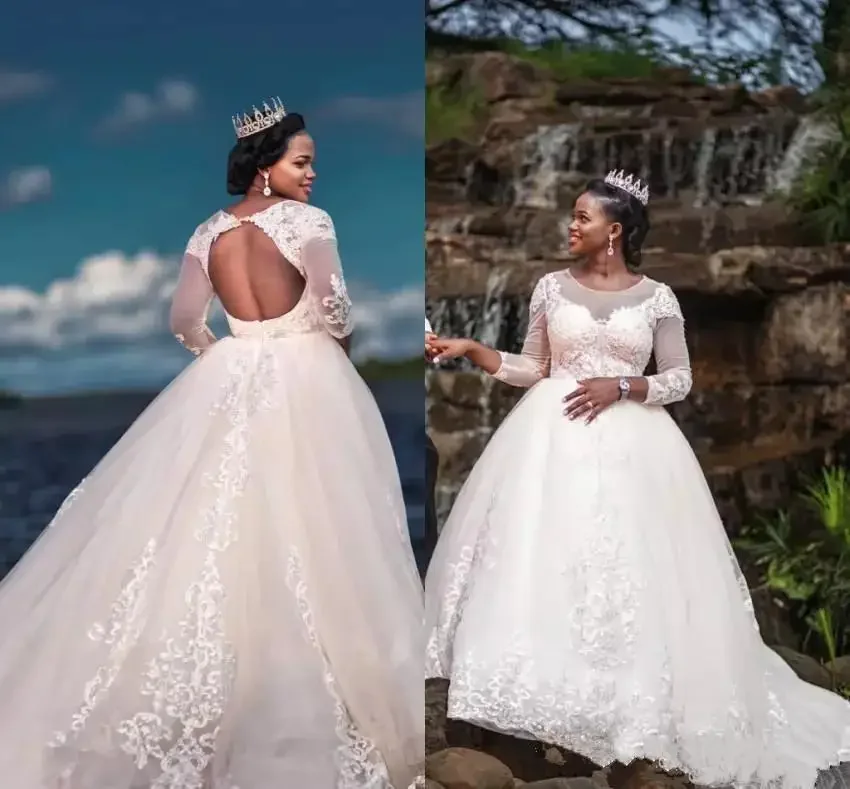 Customized African Ball Gown Wedding Dresses Lace Appliques Long Sleeve Cheap Plus Size Bridal