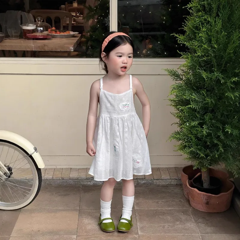Girls Sweet Summer Heavy Duty Patch Fabric Hollow Out Embroidered Suspender Dress Cool and Breathable Adjustable Princess Dress
