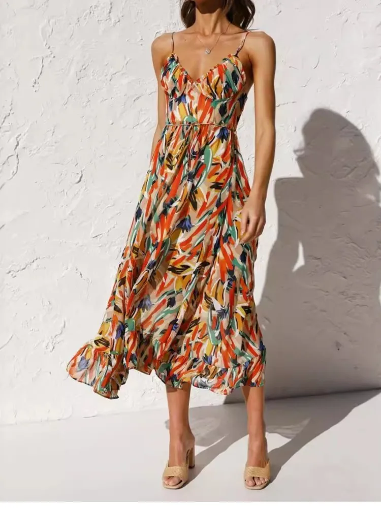 

Women's Summer Fashion Printed Wooden Ear Strap Dress New Personality Street Style Sweet And Elegant Commuting V-neck Dresses