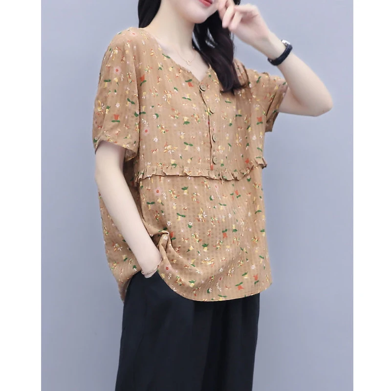 Women Ruffle Floral Print Retro Cotton Linen Blouses Summer Korean Fashion O Neck Short Sleeve Shirts Casual Loose Y2K Tops Ropa