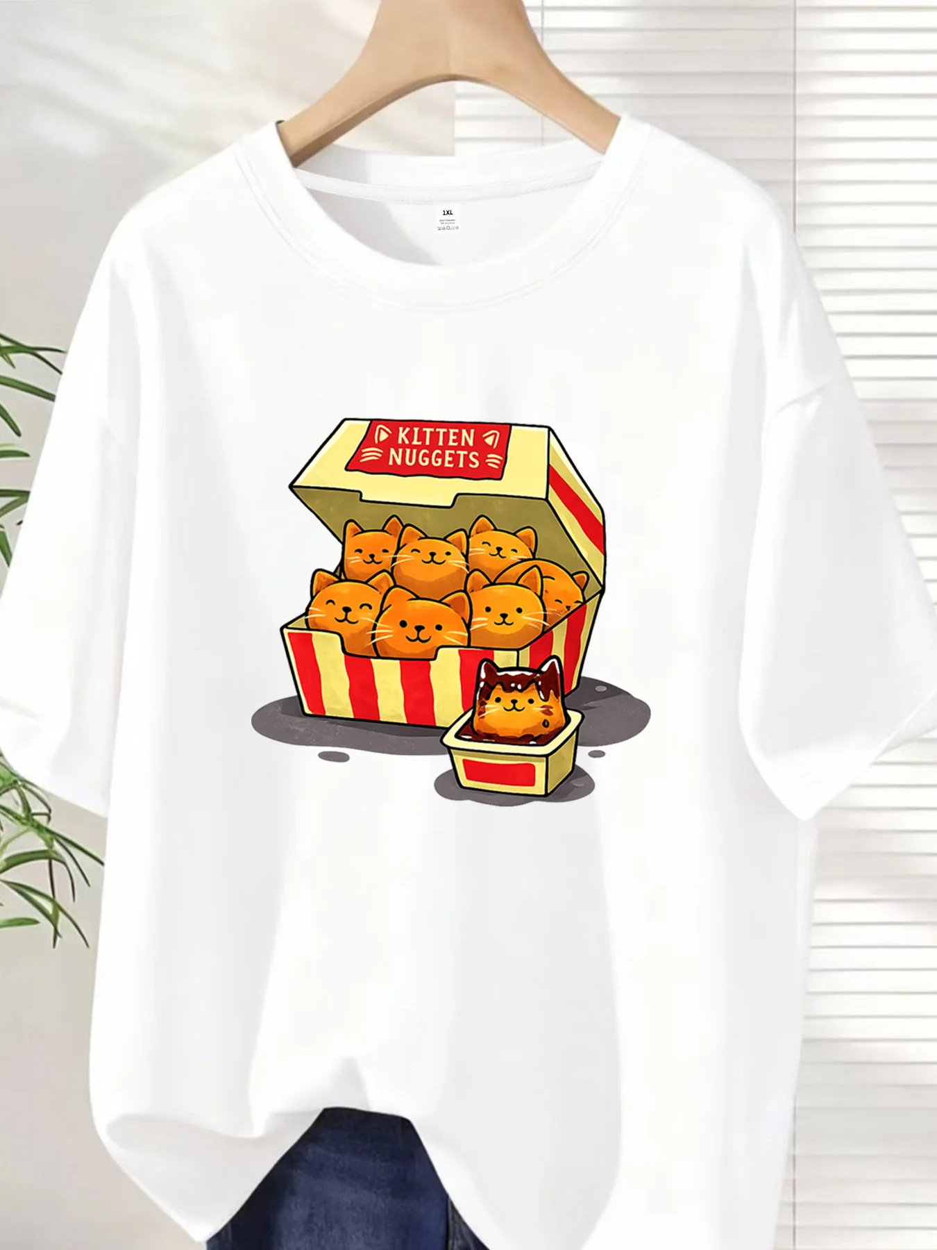 

【ZXH10125】Kitty Fried Chicken Plus size women's round neck short sleeve T-shirt with elastic half sleeves and trendy prints