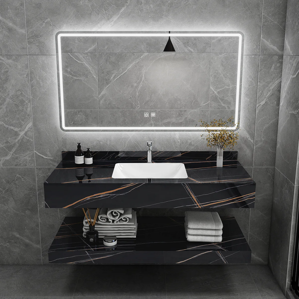 Modern Double-layer Upper And Lower Rock Slab Ceramic Basin Bathroom Cabinet Combination Washbasin Washbasin Washbasin Cabinet