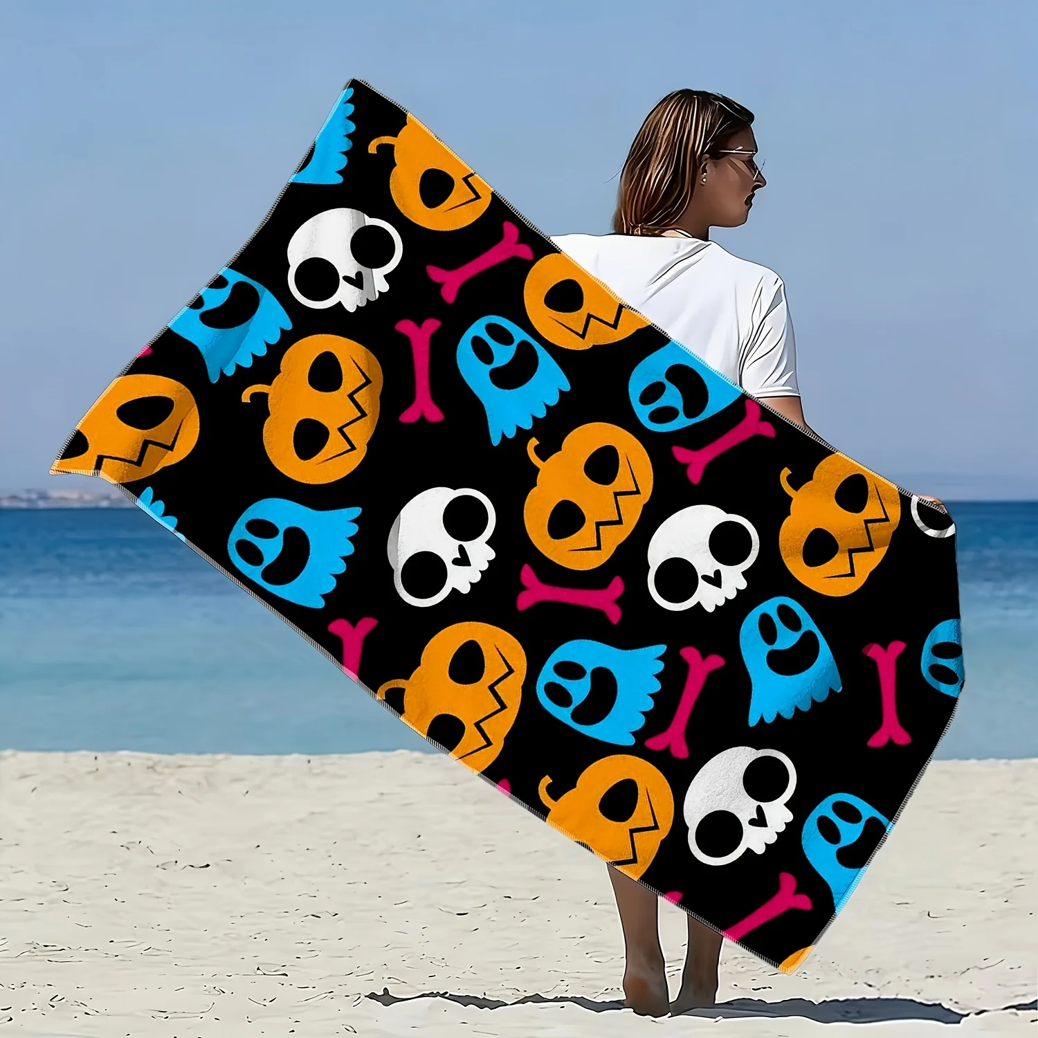 1pc 1pcs Pumpkin Skull Monster Print Beach Towel - Quick-Dry Microfiber Bath Towel Suitable for Pool, Bath, Spa