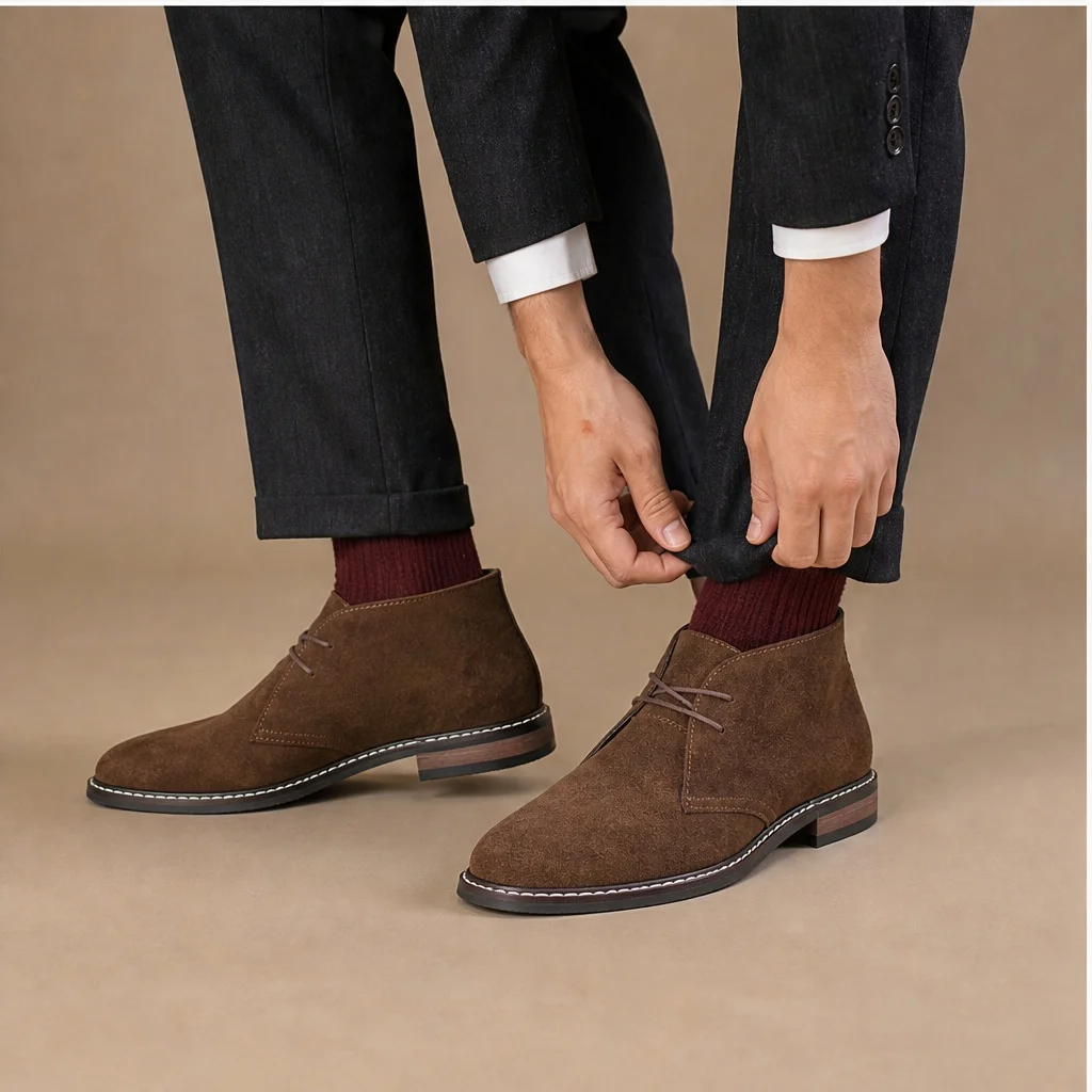 Herrenstiefel aus echtem Rindsveloursleder mit niedrigem Blockabsatz für den Alltag, knöchelhohe Stiefel mit zwei Ösen zum Schnüren. – Detail 4