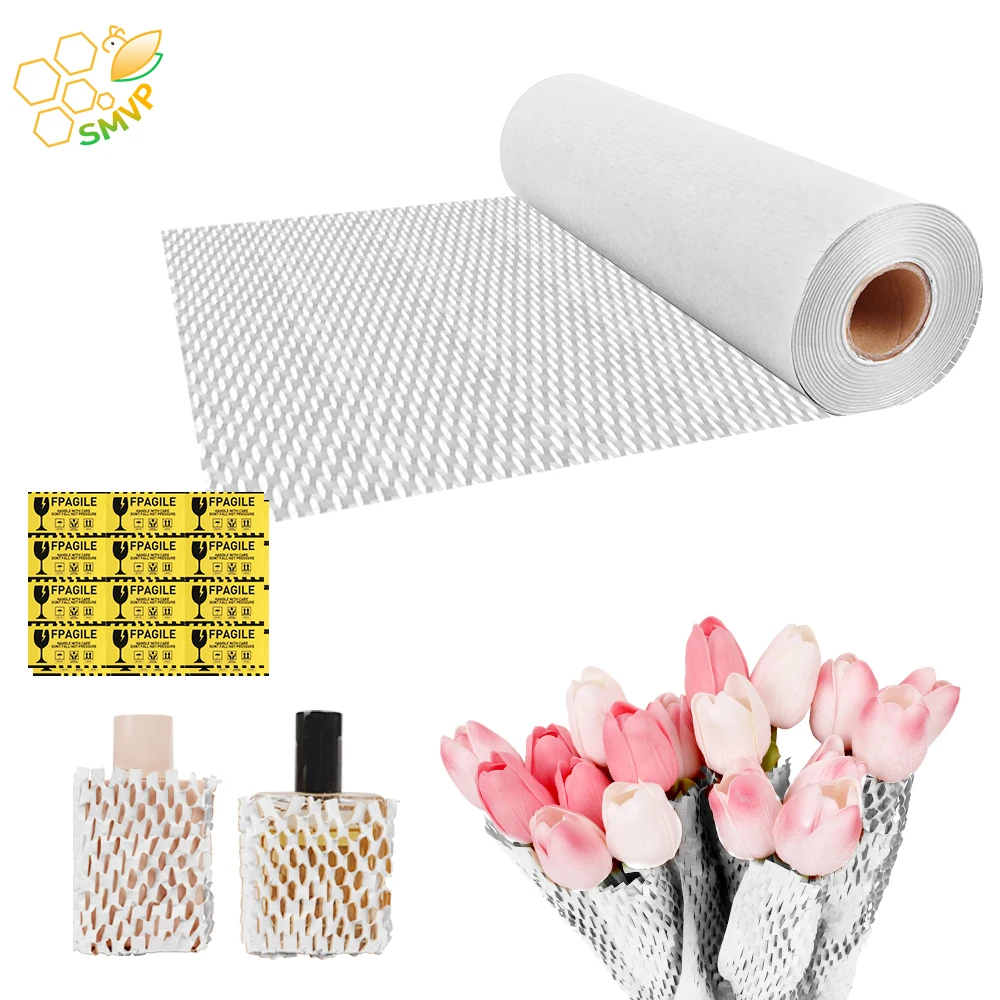 40/50m Honeycomb Packing Paper Eco Friendly Biodegradable Bubble Cushioning Wrap With 24 Fragile Stickers For Gifts & Packages