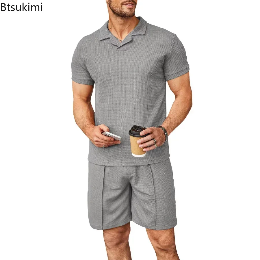 2025 Men's Summer Casual Short Sleeve Shirts and Shorts Sets Waffle V-neck Polo Shirt Lapel Cool 2PCS Sets Male Solid Suit Sets