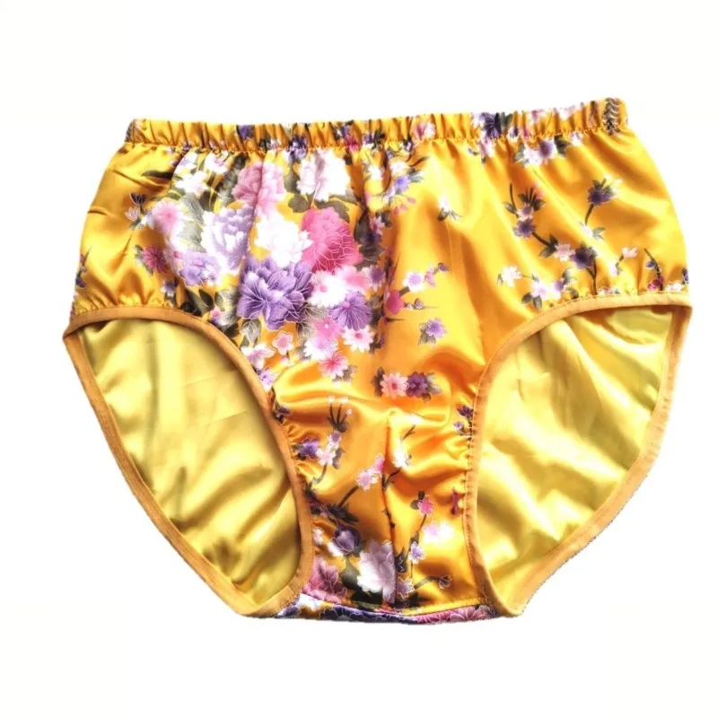 Men Underwears Glossy Yellow Floral Print Briefs Sexy Satin Panties Plus Size Lingeries Bottoms