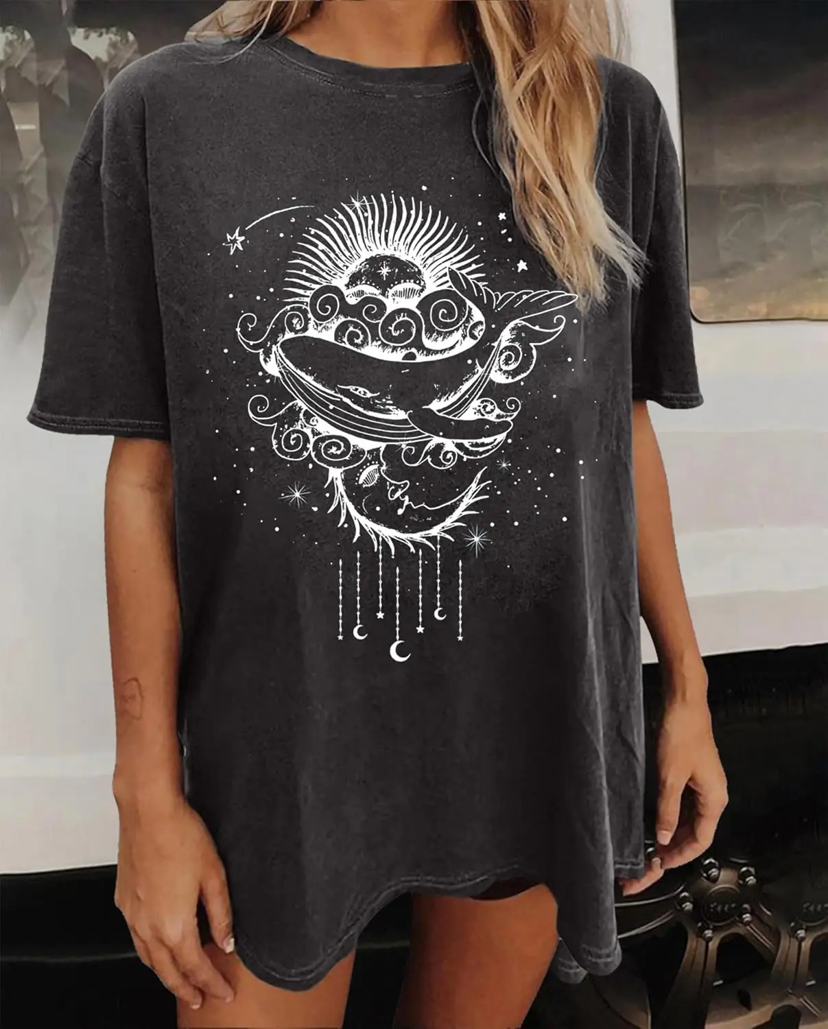 Whale Shark Vintage Oversized Tshirts for Women Sun and Moon Celestial Funny Graphic Tees Shirt Short Sleeve Boho Shirt