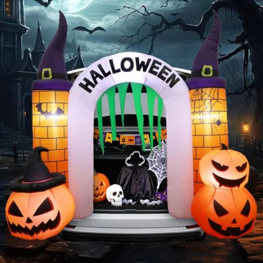 

Outdoor Halloween trunk-or-treat archway: inflatable pumpkin castle in orange and black, weather-resistant PVC material, built-