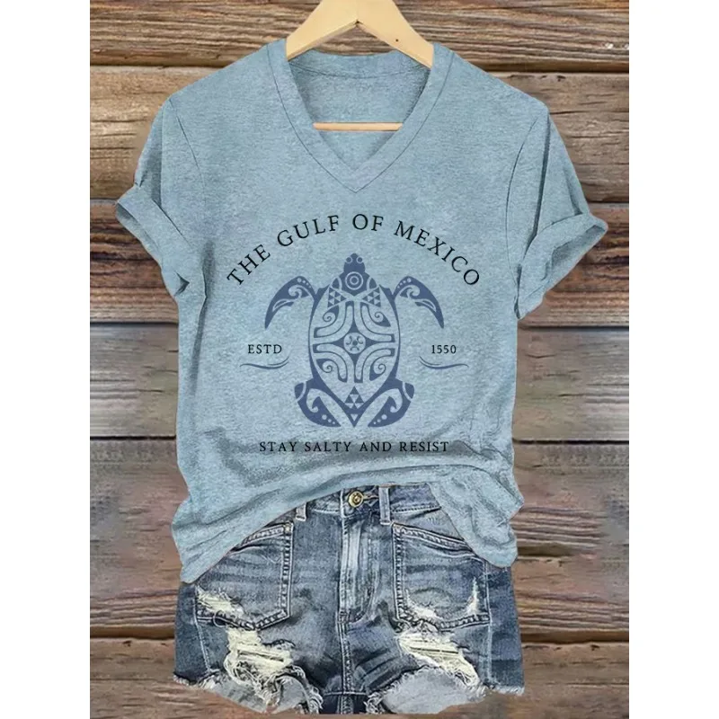 Ladies Short Sleeved T-Shirts Casual V Neck Summer Tops Gulf Of Mexico Day Printed T Shirt