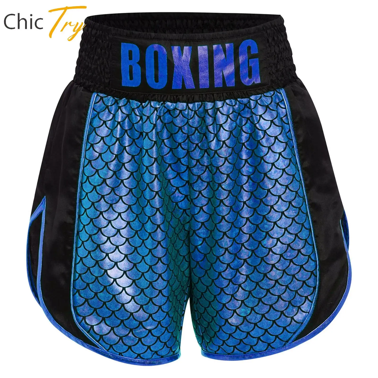 

Boys Girls Halloween Boxer Cosplay Party Costume Muay Thai Shorts Metallic Fish Scale Shorts Stretchy Kickboxing Training Pants