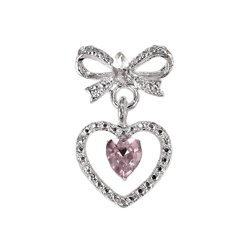 10 SZTUK Luksusowych Zawieszek do Paznokci z Kokardką ze Stopu, Ozdobne Serduszka z Cyrkoniami, Akcesoria do Dekoracji Paznokci, Narzędzia do Manicure