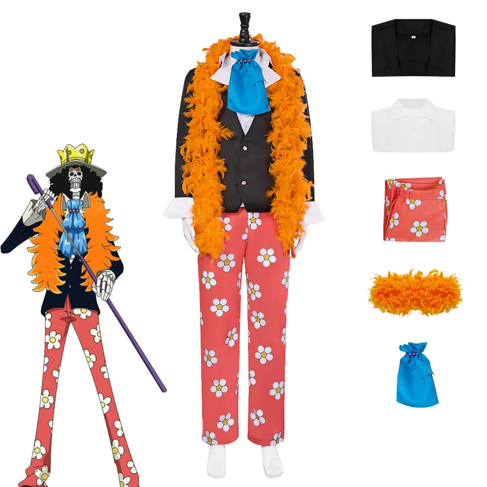 Anime Soul Emperor Brook Cosplay Costumes Black Uniform Suit Orange Scarf Pant Role Play Outfit Halloween Carnival Party For Men