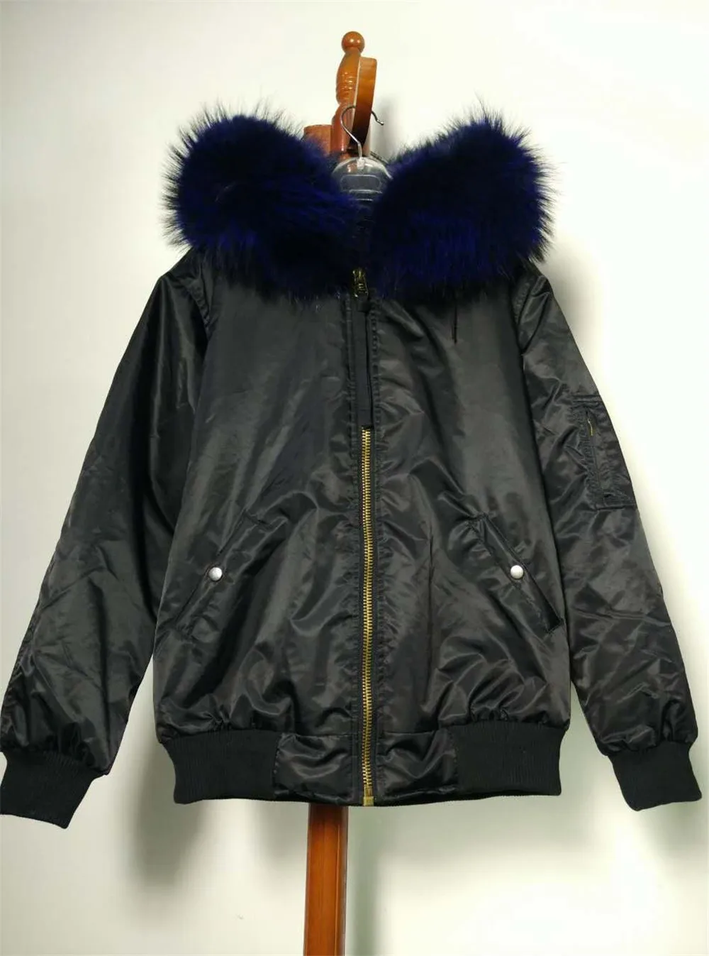 

Black Nylon Bomber Jacket With Blue Faux Fur Lining And Raccoon Fur Collar Men Fashion Plus Size Jacket