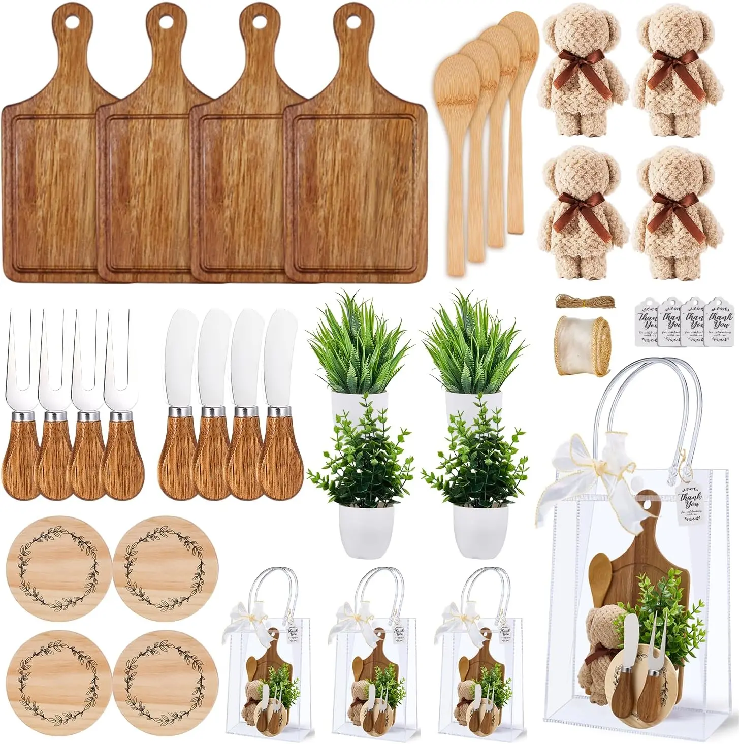38Pcs Baby Shower Prizes Acacia Cheese Board Set with Forks, Towels, Potted Plants, Gift Bags for Bridal Shower Favors