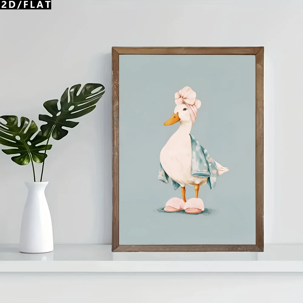 2D Flat, 2D/FLAT 1pc Cartoon Retro Style Bathrobe-Wearing Duck Animal Oil Painting Canvas Art Wall Decorative Item, Fun Bathr