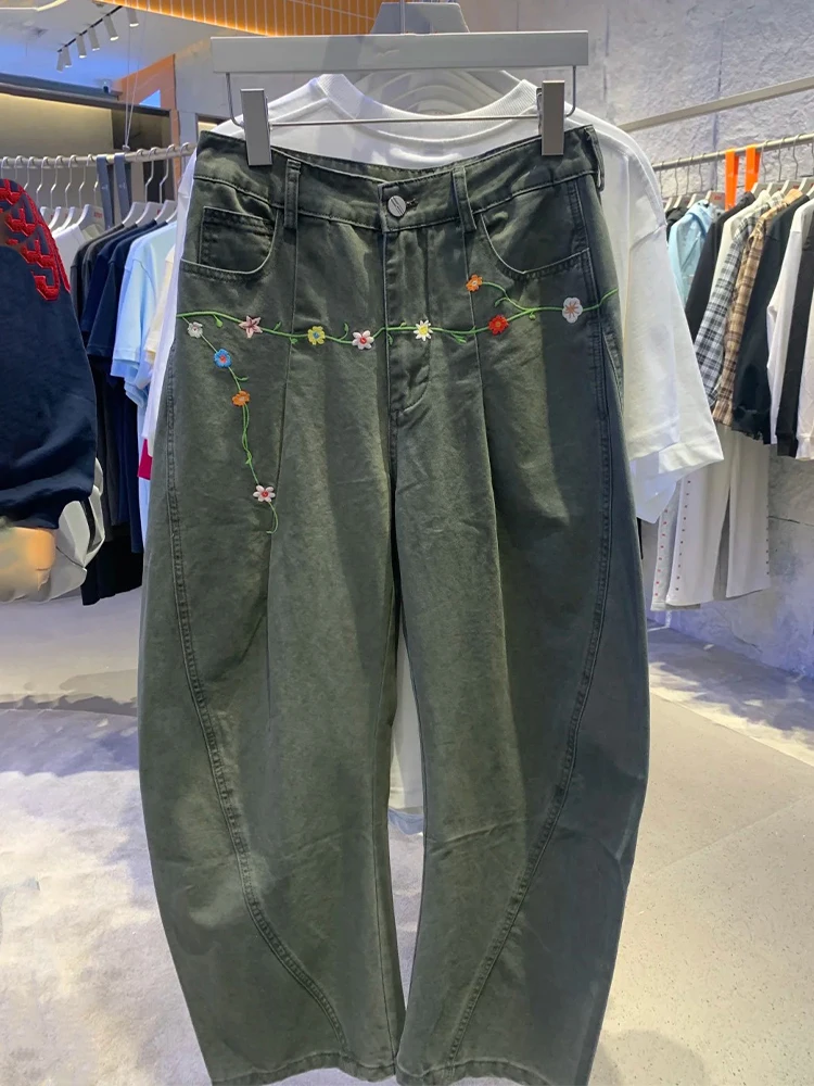 

Military een Floral Embroidery Men's Jeans Autumn American Retro Pleated Patchwork Wide Leg Workwear Trousers Straight Cut