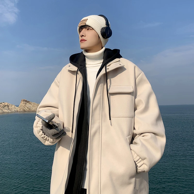 

Men's Winter Thiened Warm Cotton Jaet Fake Two-Piece Woolen Coat Trendy Mid-Length Casual Wear Youth ular Sle