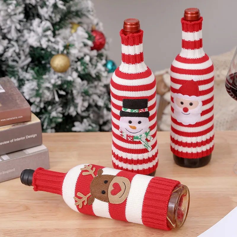 Christmas Wine Bottle Cover Decor Handmade Knit Cute Santa Claus Wine Cup Dress Bags Reusable Xmas Home New Year Decoration Gift