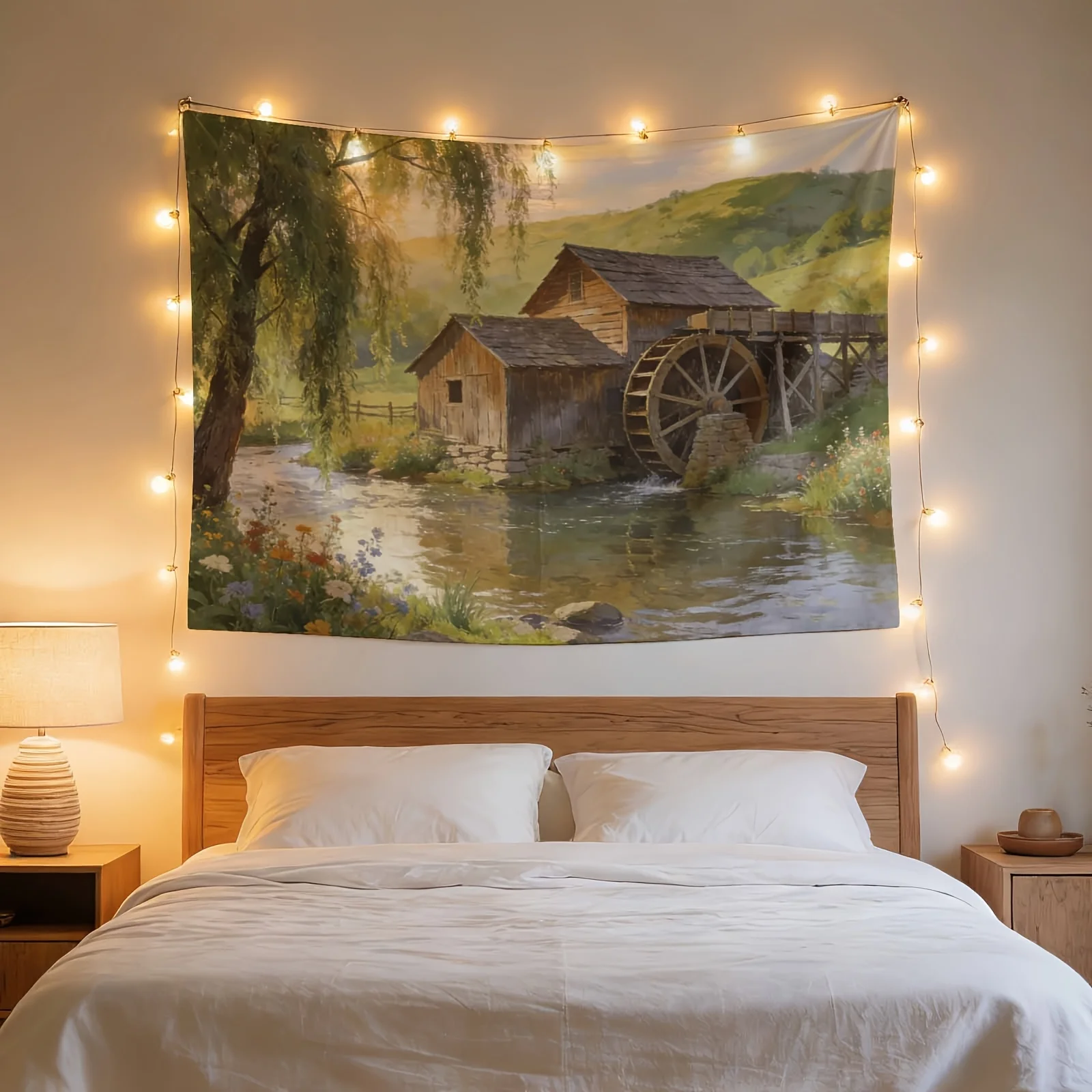Vintage Rustic Mill Waterwheel Landscape Tapestry Farmhouse Cottagecore Art Polyester Wall Hanging Picture Decor Nature Woodland