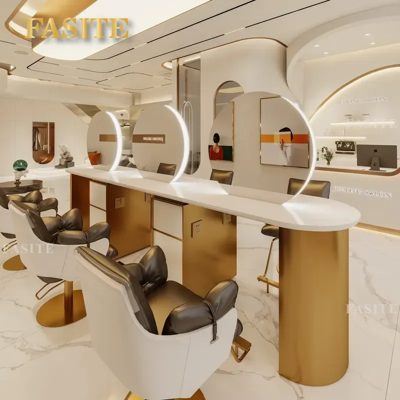 For Hair Stainless Steel Barber Mirror Table with Marble Top Double Sided Perm Dye Station Professional Furniture