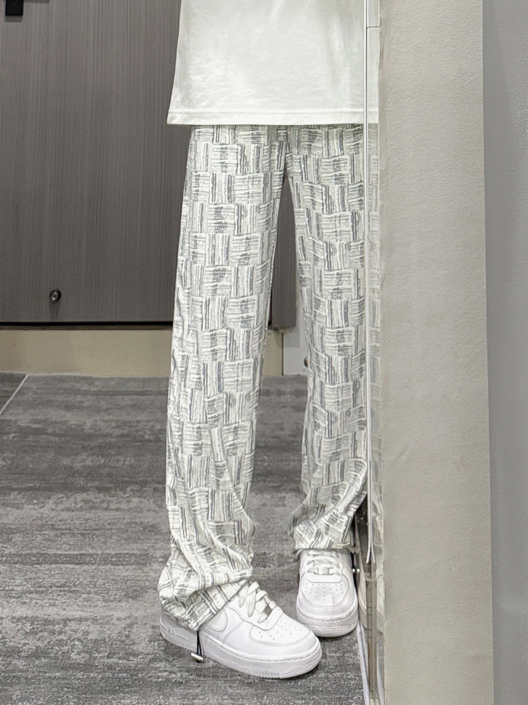 

Tie-Dye Thin Breathable Ice Silk Men's Summer American Retro Drape Plaid Wide Leg Straight Casual Long Pants Polyester Fiber