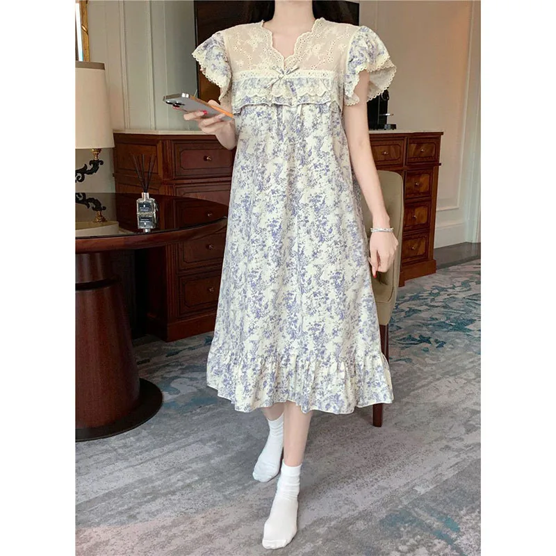 Lace Women Nightgown Sleepwear Floral Short Sleeve Night Dress Summer Bow Night Wears Korean Sleeping One Piece Pajamas 2024 New