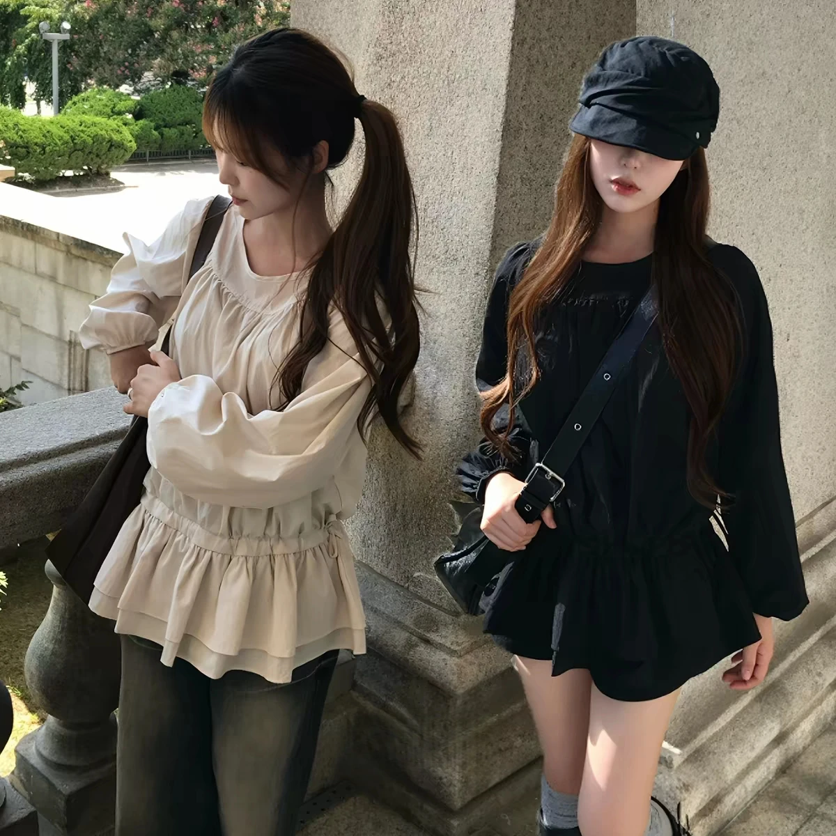 Sweet Adorable Drawstring Waist Long Sleeve Dress Korean Style Universal Fit City Commute Suitable 18-24 Years Old Ladies
