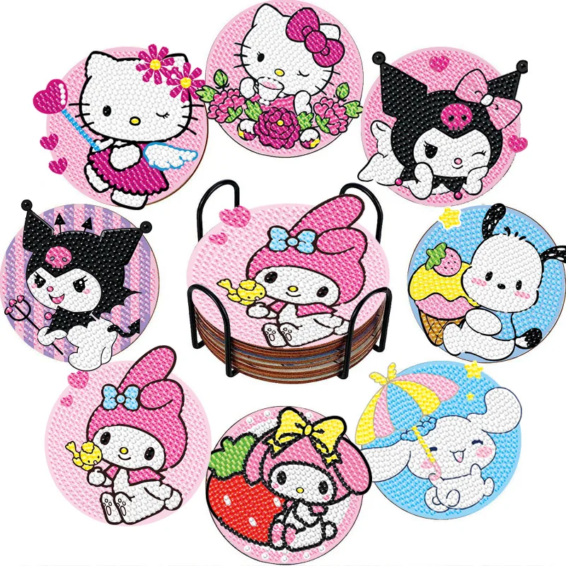 New Sanrio Diamond Painting Coasters Round Acrylic Bottom Placemats Handmade Diy Crystal Diamond Figure Cute Stickers