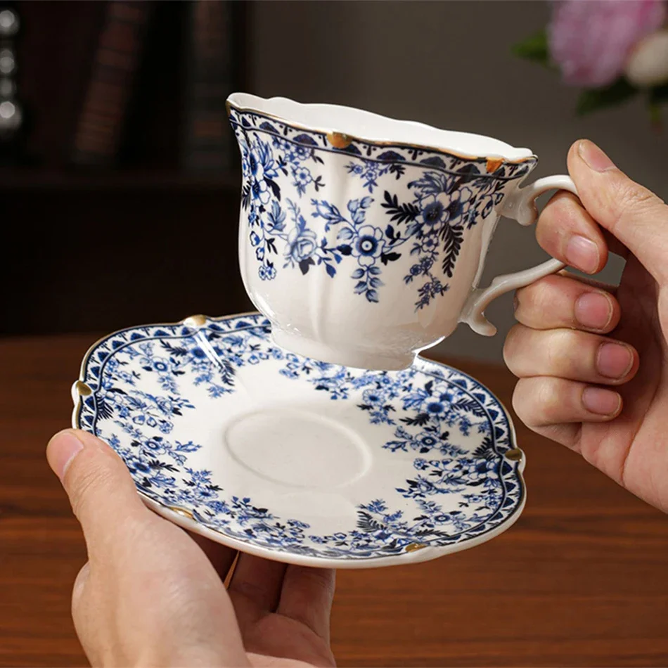 Light Luxury Peony Flower Golden Edge Ceramics Coffee Cup and Saucer Set European Afternoon Tea Cup Home Blue Flower Tea Cup