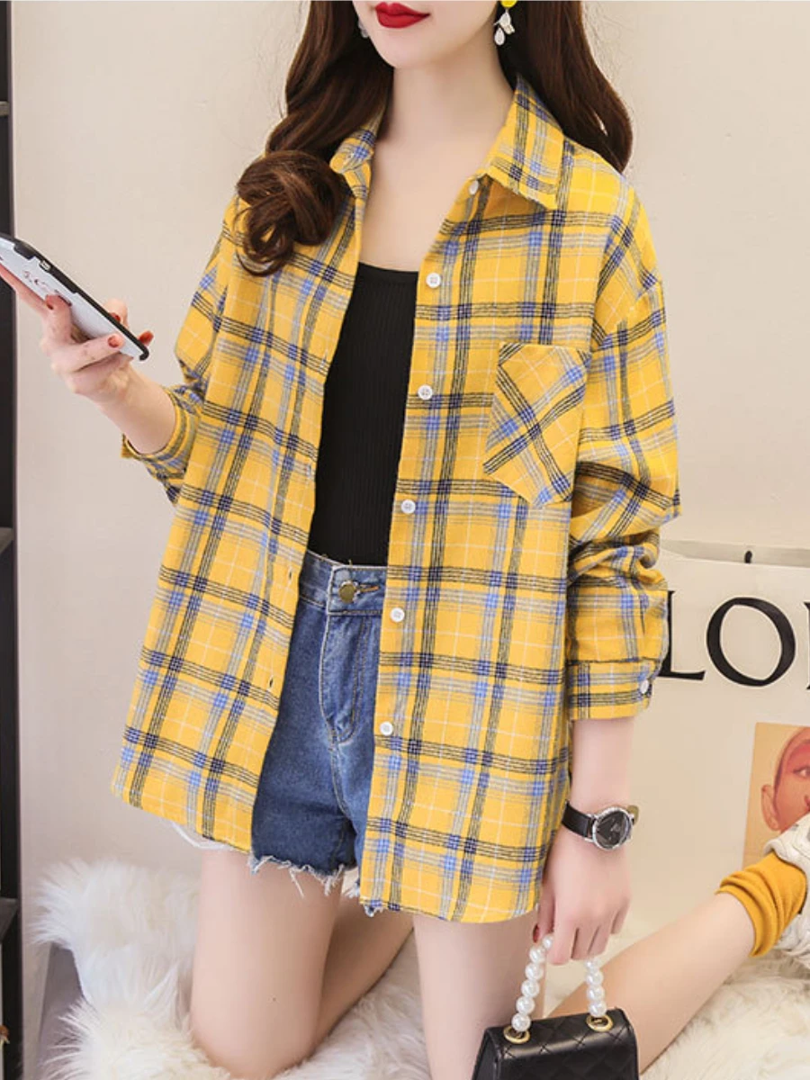 Cotton Plaid Shirt Women\'s Korean Loose Long Sleeved Retro College Style Thin Jacket Female Clothing All Seasons Tienda Traf