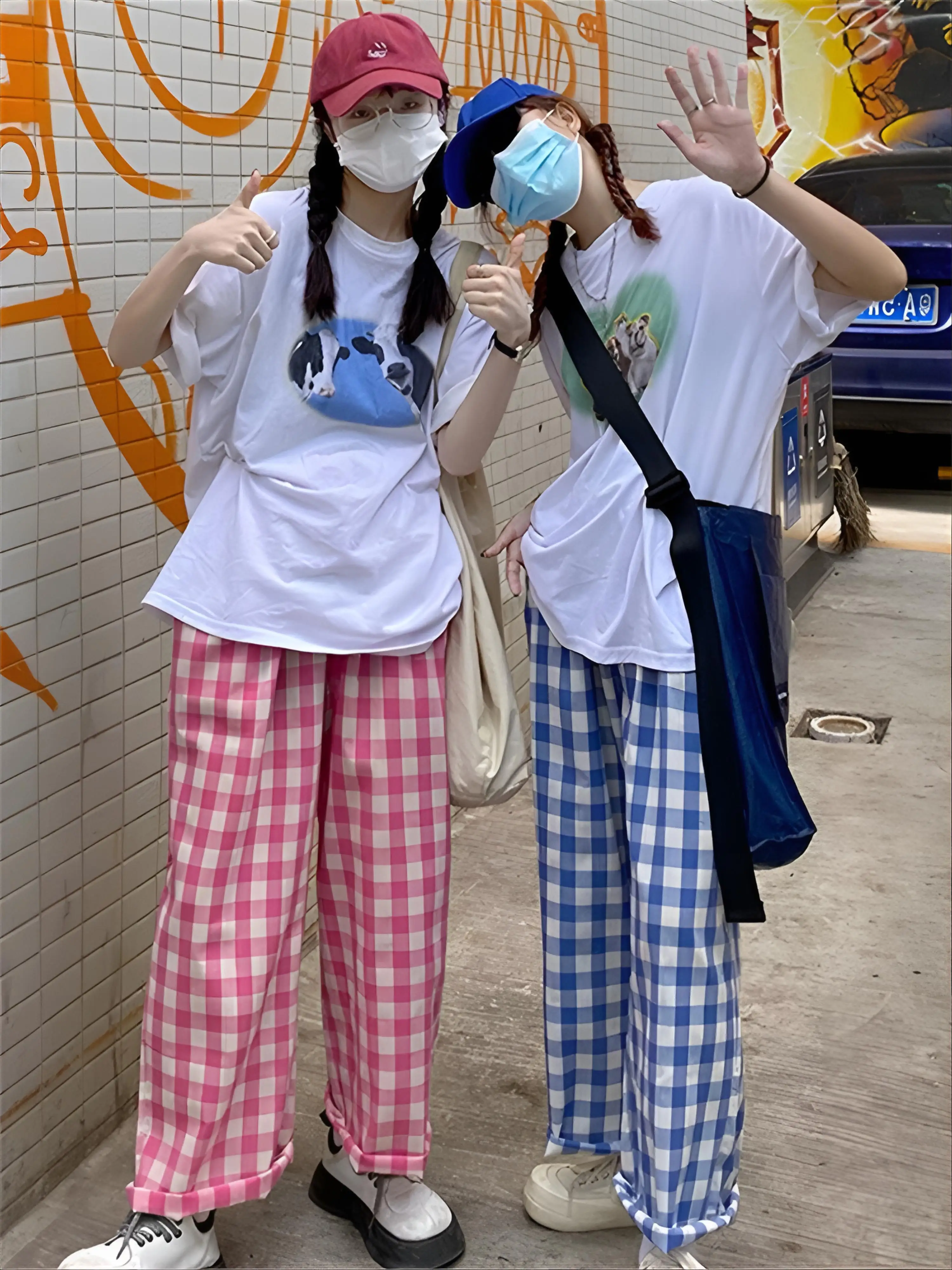 

Женские повседневные брюки в сине-розовую клетку с контрастной строчкой, современный шикарный дизайн, модный городской уличный стиль