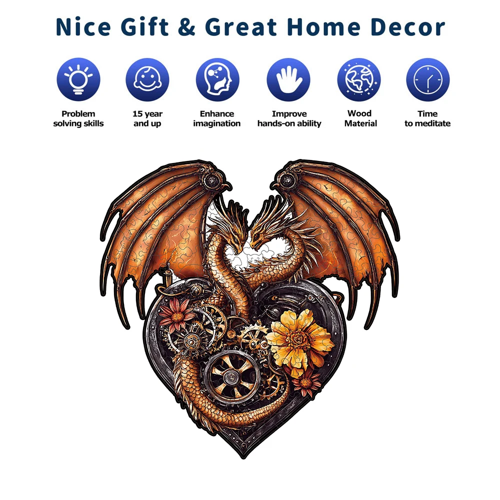 大人用木製パズル - ハート型のドラゴンパズル、ユニークな形状の木製ジグソーパズル、モダンアートの家の装飾、ギフトに最適